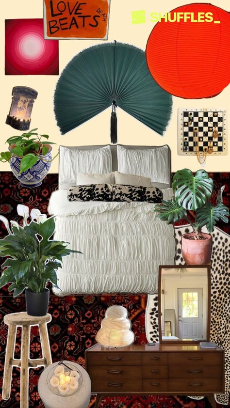 Mid century modern inspired dark moody eclectic boho checkered plants paper lantern white bedding aesthetic collage bedroom inspiration Dark Moody Eclectic, Bedroom Inspo Dark, White Bedding Aesthetic, Moody Eclectic Bedroom, Dark Mid Century Modern, Moody Eclectic, Boho Bedroom Aesthetic, Eclectic Mid Century Modern, Dark Boho Bedroom