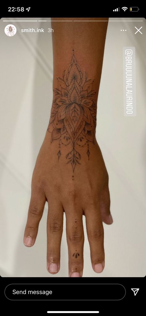 Large Wrist Tattoos For Women, Wrist And Hand Tattoos For Women, Mandala Wrist Tattoos For Women, Horizontal Back Tattoo, Small Upper Arm Tattoos For Women, Hand Mandala Tattoo, Line Arm Tattoo, Fine Line Hand Tattoo, Thigh Wrap Around Tattoo