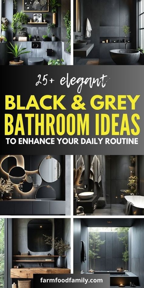 25+ Stunning Black and Grey Bathroom Ideas to Elevate Your Home 56 Bathroom Remodel Masculine, Dark Gray Bathroom Cabinets Master Bath, Small Bathroom Black Ceiling, Bathroom Design For Men, Black Shower Tiles Ideas, Dark Grey And Black Bathroom, Black Grey Bathroom Ideas, Black Bathroom Color Schemes, Dark Gray And White Bathroom