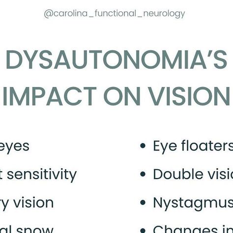 Carolina Functional Neurology Center on Instagram: "It is common for patients to report worsening vision in conjunction with a dysautonomia diagnosis. This may be due to a few reasons. One of which is that more than 50 percent of the brain is dedicated to visual processing.  The brain and brainstem not only control eye movements, but also regulate the autonomic nervous system. There is a lot of overlap of function, which is why dysautonomia patients often have complaints of visual changes.  Another reason may be due to the body’s inability to properly shunt blood to the eyes themselves. The constriction and dilation of all blood vessels are controlled by the sympathetic nervous system. When there is inappropriate output of the autonomic nervous system then nutrients, oxygen, hormones and n Sympathetic Nervous System, Visual Processing, Autonomic Nervous System, Vision Eye, Neurology, Blood Vessels, Nervous System, Counseling, Brain