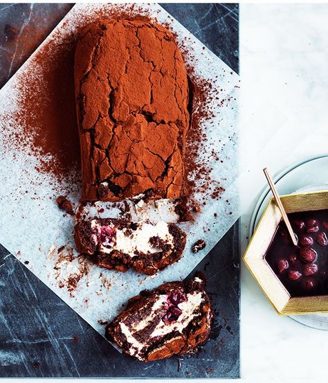 Sour cherries add a lovely fresh tart note to this roulade. Fresh cherries will work here, too, if you can find them. Flourless Cake Recipes, Chocolate Roulade, Sour Cherries, Semolina Cake, Flourless Cake, Festive Desserts, Walnut Cake, Flourless Chocolate, Christmas Food Desserts