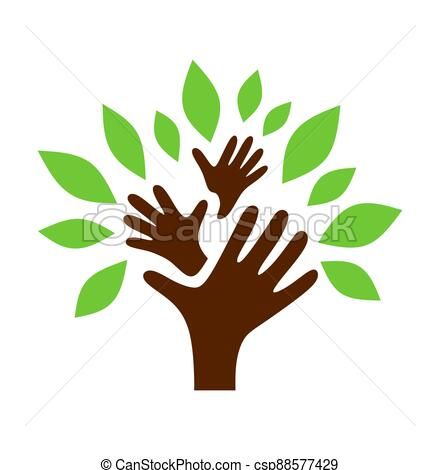 Hand tree logo.vector drawing illustration of abstract tree silhouette with three brown arms hands and green leaves isolated on white.happy family symbol icon sign.protected childhood. Family Symbol, Arm Art, Tree Logo, Tree Logos, Abstract Tree, Tree Silhouette, Vector Drawing, Art Icon, Happy Family