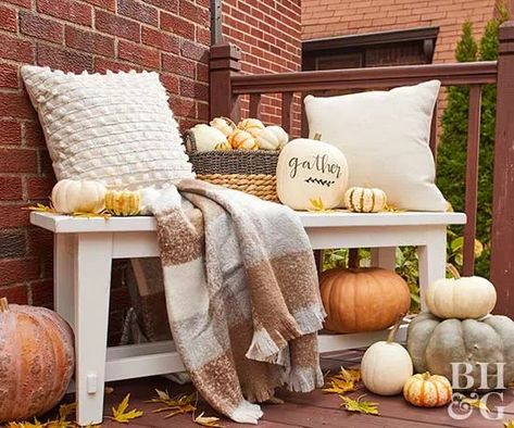 How to Create a Harvest Porch Display That Lasts All Fall Front Porch Bench, Porch Entrance, Fall Front Porch Ideas, Porch Bench, Exterior Decoration, Fall Front Porch Decor, Fall Front Door, Small Front Porches, Bench Decor