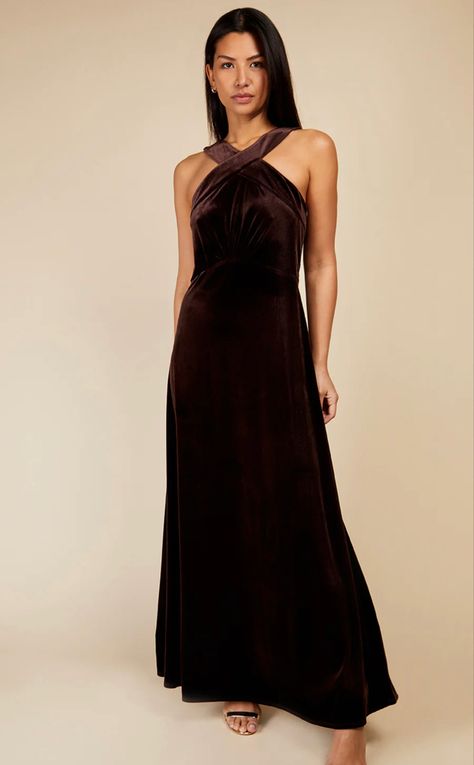 Crafted in a luxurious chocolate velvet, this maxi is reserved for special occasions. Designed with a unique crossover neckline and subtly cinched in at the waist before flowing into a maxi skirt to form the most elegant of silhouettes - just add a clutch and strappy heels. • High neck • Sleeveless • Regular fit • Maxi length • A-line Angel Character, Luxurious Chocolate, Maxi Dress Winter, Dresses Winter, Velvet Party Dress, Velvet Maxi, Velvet Maxi Dress, Service Women, High Neck Sleeveless