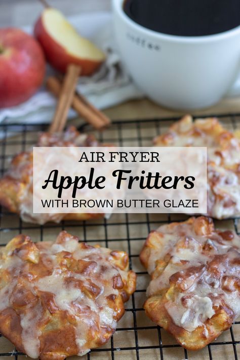 These easy air fryer apple fritters with brown butter glaze are healthier than an old fashioned fritter, yet still a delicious and tasty air fryer dessert. #airfryerrecipes #appledesserts #fritters #fallrecipes Air Fryer Apple Fritters, Brown Butter Glaze, Air Fryer Recipes Dessert, Butter Glaze, Air Fried Food, Air Fryer Oven Recipes, Air Fry Recipes, Fritter Recipes, Air Fryer Dinner Recipes