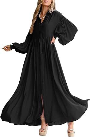 chouyatou Women's Casual Long Sleeve Button Down Shirt Dress Elegant Pleated Flowy Swing Maxi Dress Women's Summer Dresses, Button Down Shirt Dress, Winter Outfit Inspiration, Cold Weather Fashion, Dress Images, Dresses 2024, Dress Elegant, Button Dress, Cozy Knits