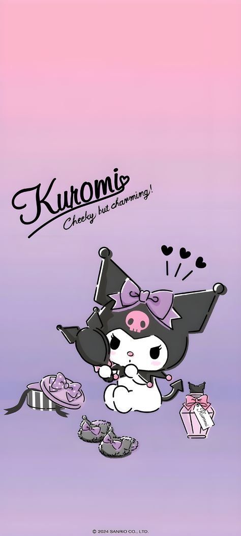 Goth Sanrio Aesthetic, Kromi Wallpapers, Kuromi Calendar 2024, Koromiko Wallpaper, Kuromi Wallpaper Pink, Cutesy Background, Aesthetic Kuromi Wallpaper, Kurumi Sanrio, Kuromi Phone Wallpaper