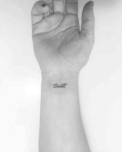 Trust yourself to make the right decisions that will affect you positively. #tattoos #lovetattoo #tattooideas #tattoodesigns #selflove #love #selflovetattoo #YourTango | Follow us: www.pinterest.com/yourtango Words Tattoo Wrist, Trust Word Tattoo, Wrist Word Tattoos For Women, Trust Tattoos For Women, Wrist Writing Tattoo, Trust Tattoo Ideas, Trust Tattoos, Powerful Tattoos, Trust Tattoo