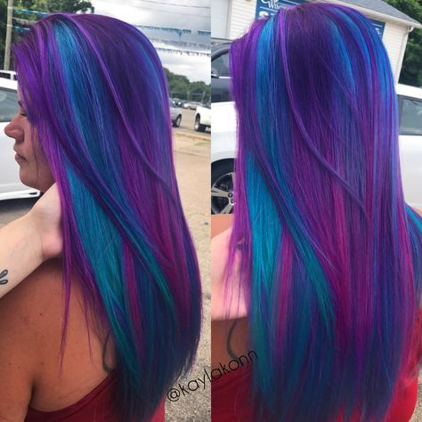 Ombre Hair Fun Colors, Multi Colored Purple Hair, Color Block Vivid Hair, Purple And Blue Hair Color Ideas, Multi Color Hair Ideas, Fantasy Hair Color Ideas, Electric Purple Hair, Pink Purple And Blue Hair, Vivid Color Hair