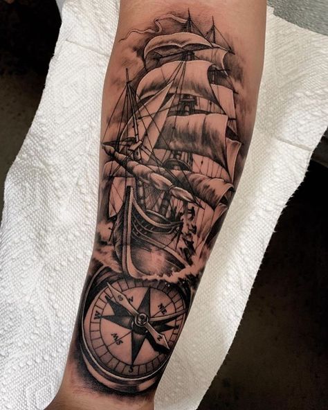 Ship Tattoo Ideas, Viking Ship Tattoo, Ship Tattoo Sleeves, Traditional Ship Tattoo, Ship Tattoos, Pirate Ship Tattoos, Pirate Ship Tattoo, Unique Tattoos For Men, Pirate Tattoo