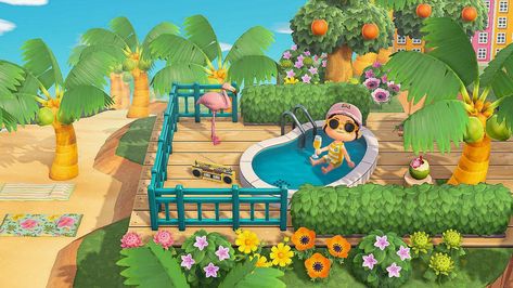 Pool Bath, Animal Crossing Wild World, Tropical Animals, New Animal Crossing, Island Ideas, Animal Crossing Game, Tropical Theme, Animal Crossing Qr, Tropical Islands