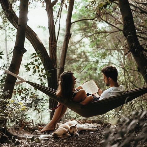 Forest Relaxation Escape: A tranquil moment in the forest as a couple relaxes in a hammock with a book and a dog. #hammock #forest #couple #relaxation #reading #dog #nature #serenity #aiart #aiphoto #stockcake https://ayr.app/l/kJR4 Couple On Hammock, Hammock Couple Cuddling, Hammock Couple Pictures, Hammock Couple, Nature Serenity, Dog Nature, Friends Hanging Out, Dog Hammock, Couples Play