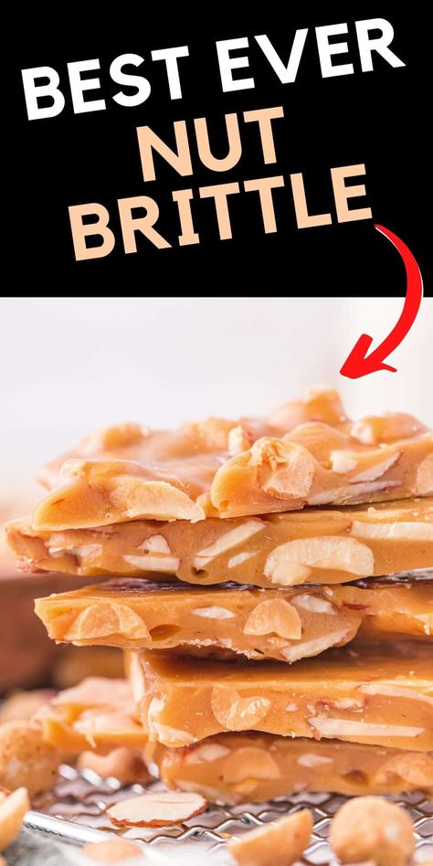 The best nut brittle recipe--perfectly sweet and crunchy homemade candies, with chunks of nuts in each and every bite. Nut Brittle Recipe, Recipe With Almonds, Easy Christmas Treat, Microwave Peanut Brittle, Nut Brittle, Holiday Candy Recipes, Easy Christmas Candy Recipes, Christmas Candy Easy, Peanut Brittle Recipe