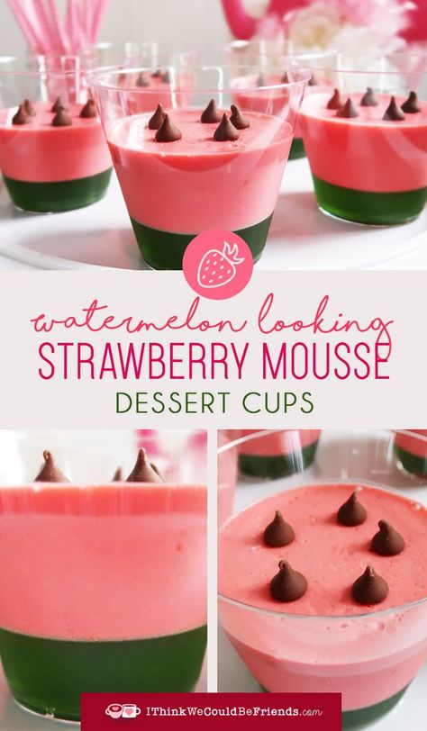 Strawberry Mousse & Lime Jello Dessert Cups look like Watermelon! Simple no-bake summer recipe! - I Think We Could Be Friends Lime Jello Dessert, Jello Dessert Cups, Easy Strawberry Mousse, Cooking Artichokes, Watermelon Jello, Mousse Cups, Dessert Cups Recipes, Watermelon Birthday Parties, Jello Desserts