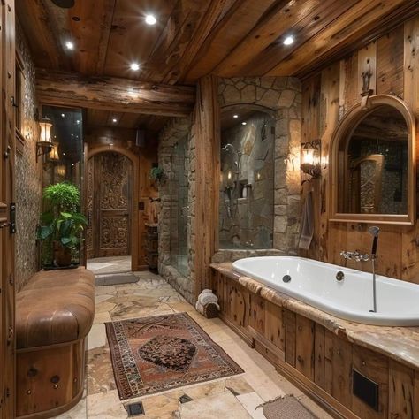 Log Cabin Ideas, Cabin Bathrooms, Rustic Bathroom Designs, Cabin Living, Rustic Bathrooms, Log Cabin Homes, Stone Walls, Dream Bathrooms, Log Cabins