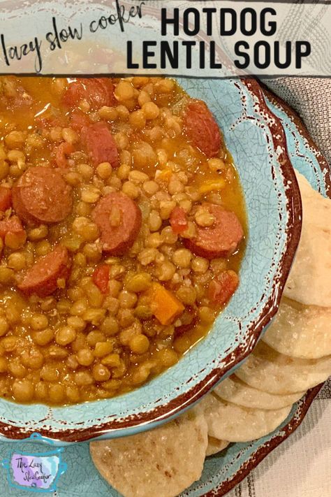 Crockpot lentil soup with hot dogs is a delicious full meal in a bowl. Made with green lentils and garlicky hotdogs, the flavors of this soup meld together to make a deliciously different dish. Picky eater approved! #crockpotlentilsoup #slowcookerhotdogsoup #lentilsandhotdogs Hot Dog Soup, Dog Soup, Family Soup, Easy Crockpot Soup, Meal In A Bowl, Slow Cooker Lentil Soup, Slow Cooker Lentils, Soup Easy, Slow Cooker Dinner