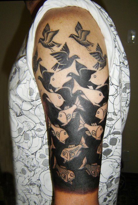 An MC Escher tattoo design of birds morphing into fish, creating an optical illusion body art work Escher Tattoo, Optical Illusion Tattoo, Mc Escher, Inked Magazine, Great Tattoos, Birds Tattoo, Skin Art, Love Tattoos, Tattoo You