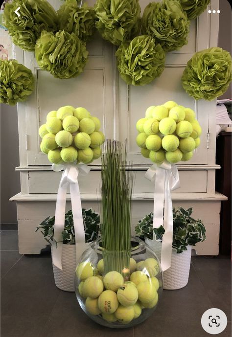 Tennis Party Ideas Decoration, Tennis Graduation Party Ideas, Tennis Table Decorations, Tennis Ball Decor, Tennis Ball Centerpieces, Tennis Decorations Party, Pickleball Birthday Party Ideas, Tennis Themed Party Decorations, Tennis Bridal Shower Theme