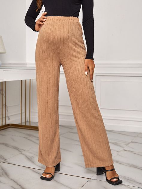 Khaki Casual Collar  Fabric Plain Straight Leg Embellished Slight Stretch  Maternity Clothing Adjustable Waist Pants, Maternity Trousers, Shein Maternity, Maternity Pants, Maternity Clothing, Waist Pants, Maternity Clothes, Straight Leg, Trousers