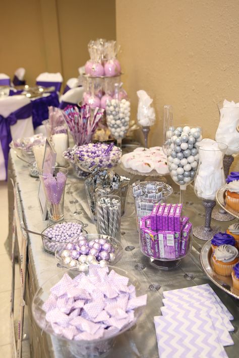 Purple Party Table Setup, Lavender Candy Table, Lavender Dessert Table, Purple Aesthetic Birthday, Butterfly Candy Table, Lavender Theme Birthday Party, Purple Candy Table, Sweet Sixteen Candy Bar, Purple Dessert Tables