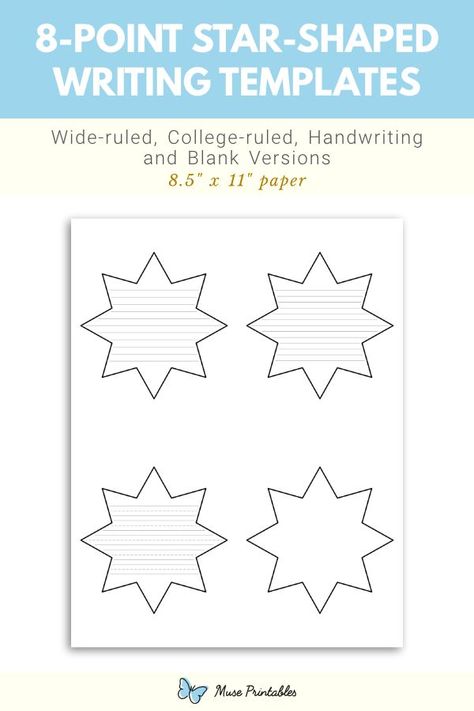 Free printable 8 point star shaped writing templates. This PDF download includes wide ruled, narrow ruled, handwriting, and blank versions. Download the templates at https://museprintables.com/download/writing-template/8-point-star-shaped/ 8 Point Star, Writing Paper Template, Handwriting Lines, Lined Writing Paper, Writing Template, Writing Templates, Paper Template, Writing Paper, Star Shape