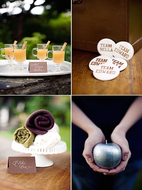 Guests would get a chuckle out of these "Team Edward" and "Team Bella" pin favors. You could also try handing out mini trees or elegant pashmina wraps. Don't forget your signature drink: apple-flavored, of course! Breaking Dawn Wedding, Bella Y Edward, Bella Edward, Twilight Wedding, Team Edward, Beauty And The Beast Theme, Wedding Planner Book, Woodsy Wedding, Woodland Decor