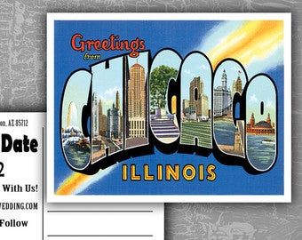 Greetings from illinois | Etsy Greetings From Chicago, Balloon Lettering, Sports Themed Wedding, Sports Wedding, Chicago City, Vintage Advertisement, Large Letters, Chicago Illinois, Vintage Postcard