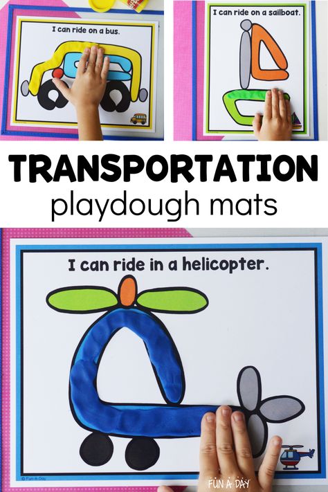 These transportation playdough mats are perfect for your preschool, pre-k, or kindergarten students any time of the year. They'd be great as part of a transportation theme or when learning about specific vehicles. Click on the Fun-A-Day.com link for your own copy of the play dough transportation mats. Transportation Theme For Kindergarten, Transport Kindergarten Activities, Transportation Science Activities Preschool, Transportation Block Center Preschool, Planes Preschool Activities, Transportation Theme Preschool Art Craft Ideas, Play Dough Activities Kindergarten, Transportation Preschool Centers, Transportation Writing Preschool