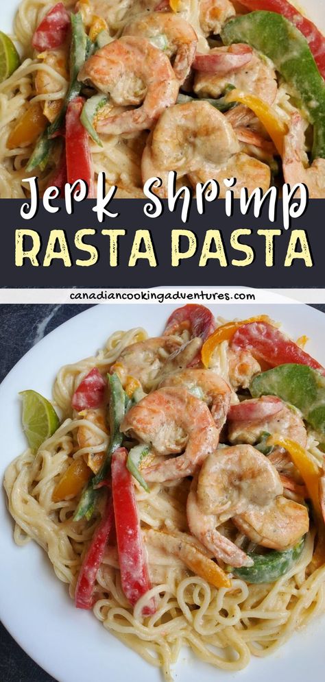 Jerk Shrimp Rasta Pasta Recipe Shrimp Rasta Pasta Recipe, Rasta Pasta Recipe, Jerk Shrimp, Rasta Pasta, Jerk Marinade, Eastern European Recipes, Creamy Pasta Recipes, Vegetarian Pasta Recipes, Chicken Drumstick Recipes