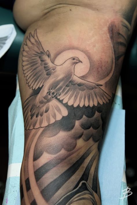 Dove sleeve 2 Religious Tattoo Sleeves, Dove Tattoo Design, Dove Tattoos, Heaven Tattoos, Dove Tattoo, Half Sleeve Tattoos For Guys, Religious Tattoos, Geniale Tattoos, Tatuaje A Color