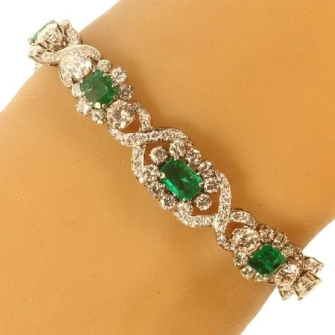 Truly magnificent 16  crt brilliant and 7- crt Colombian emerald estate bracelet (16196-0083) Emerald Diamond Bracelet, Emerald Bangles, Oxidised Silver Jewelry, Flexible Bracelet, Diamond Bracelet Design, Emerald Bracelet, Gems Bracelet, Gold Rings Fashion, Diamond Jewelry Designs