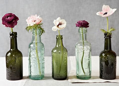 These are the types of bottles I have, my idea is to cluster different styles and heights for the center pieces on the tables Picnic Table Centerpieces, Diy Picnic Table, Woodsy Wedding, Deco Boheme, Green Bottle, Morning Inspiration, Antique Bottles, Vintage Bottles, Vintage Bottle