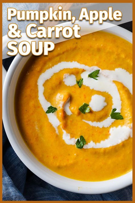 This easy fall soup recipe has the cozy flavors of pumpkin, apple and carrot! It's seasoned with garlic, ginger, and cumin. This would make a wonderful Thanksgiving side dish or starter. And, you can make this pumpkin soup in only about 35 minutes! Carrot Cumin Soup, Apple Carrot Pumpkin Soup, Pumpkin Soup Recipe With Canned Pumpkin, Carrot And Pumpkin Soup, Pumpkin Soup With Fresh Pumpkin, Crockpot Carrot Soup, Pumpkin Mushroom Soup, White Pumpkin Recipes, Pumpkin Ginger Soup