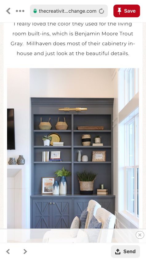 Mod Living Room, Craftsman Modern, Living Room Built Ins, White Wash Brick, Trending Paint Colors, Bookcase Styling, Edwardian House, Living Room Shelves, Traditional Living Room