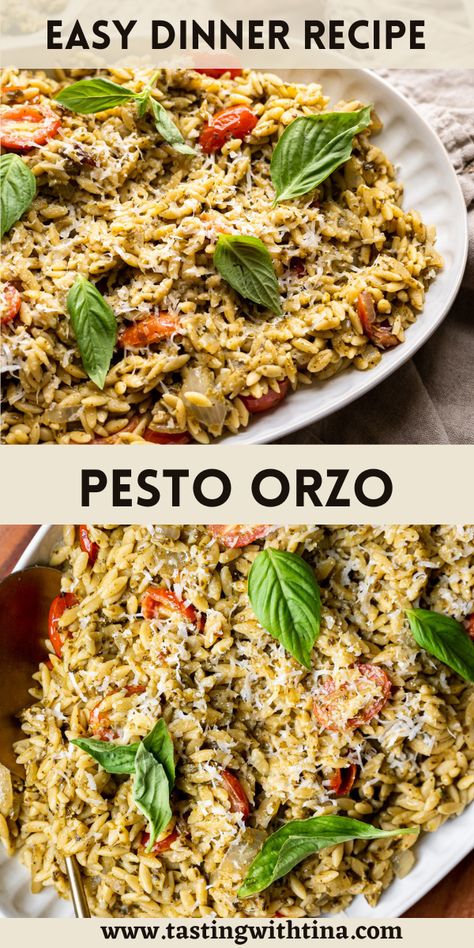 You are going to love this Pesto Orzo! This recipe has deliciously chewy orzo, flavorful pesto and juicy cherry tomatoes. This is a great weeknight recipe because it is easy to make and pairs well with a variety of main course dishes. Orzo And Pesto Recipes, Boursin Pesto Orzo, Salmon Orzo Recipe, Orzo Pesto, Pesto Orzo, Pesto Dishes, Creamy Pesto Pasta, Pesto Salmon, How To Cook Orzo