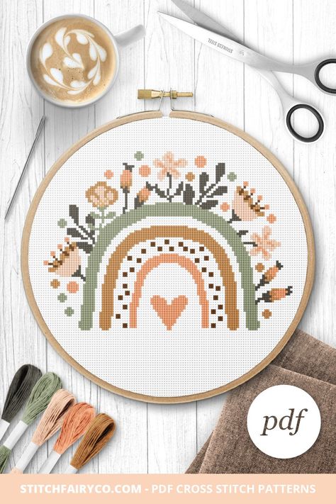 Boho Flower Rainbow Cross Stitch Pattern, Instant Download PDF, Counted Cross Stitch, Embroidery Pattern, PDF Pattern Rainbow Cross Stitch, Flower Rainbow, Dmc Cross Stitch, Floral Cross Stitch Pattern, Baby Cross Stitch Patterns, Cross Stitch Finishing, Cute Cross Stitch, Cross Stitch Baby, Cross Stitch Alphabet