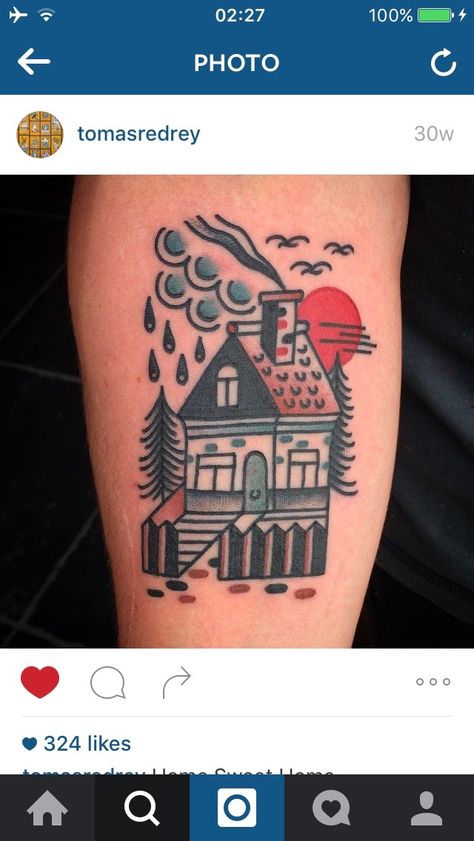 Home sweet home traditional tattoo Traditional Burning House Tattoo, American Traditional House Tattoo, Traditional House Tattoo, House Tattoo Traditional, House Tattoos, Tattoo Home, Tattoos 2024, House Tattoo, Traditional Style Tattoo