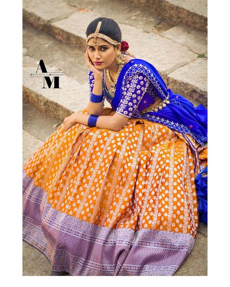 Blue Half Saree, Banaras Lehenga, Orange Lehenga, Blouses Designs, Apricot Orange, Saree Blouse Neck Designs, Indian Saree Blouse, Indian Saree Blouses Designs, Half Saree Designs