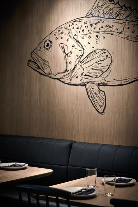 Fish Restaurant Interior, Fish Mural Art, Fish Restaurant Design, Restaurant Artwork, Dark Nautical Aesthetic, Fish Mural, Shark Room, Restaurant Fish, School Branding