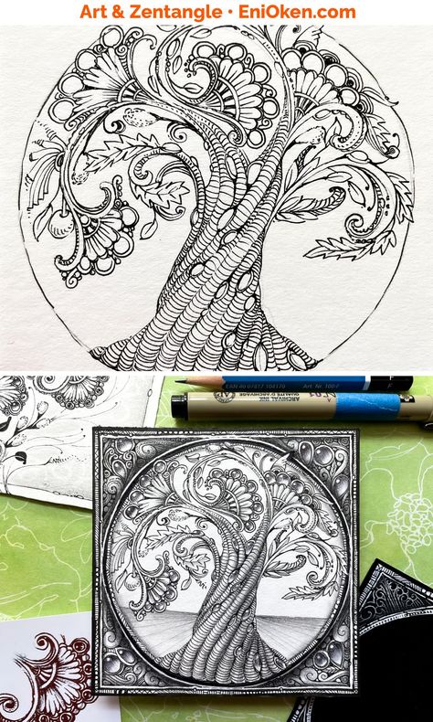 Zentangle Drawings Beautiful, Tree Of Life Sketch, Symbol Of Knowledge, Eni Oken, Moon Pie, Negative Painting, Zentangle Inspiration, Tree Of Life Painting, Tree Doodle