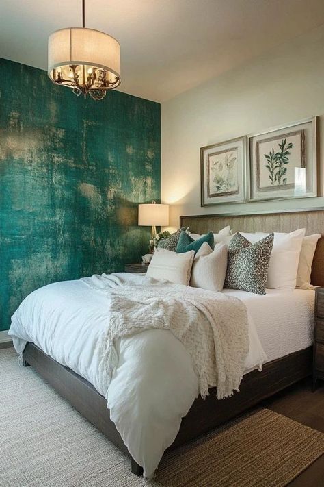 "Add personality to your space with an accent wall in bold colors or patterns! 🎨🖌️ Perfect for making a room stand out with vibrant design. 🌟✨ #BoldColors #HomeStyling #AccentWallDecor" Aqua Accent Wall Bedroom, Tiffany Blue Accent Wall, Aquamarine Room, Turqoise Bedroom Accent Wall, Turquoise Accent Wall, Turqoise Stone Wallpaper, Vintage Interior Design, Accent Wall Bedroom, Accent Wall Decor