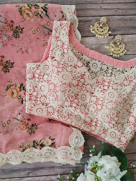 Cutwork Lace Border, Blouse Styling, Floral Blouse Designs, Floral Print Saree, Label Kanupriya, Latest Saree Blouse, Cutwork Lace, Saree Ideas, Cutwork Blouse