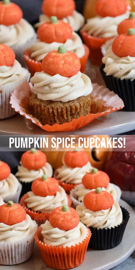 A delicious cupcake twist on the classic and popular pumpkin spice latte.. pumpkin spice cupcakes with pumpkin spice buttercream frosting! Jane Patisserie, Spiced Buttercream, Janes Patisserie, Pumpkin Spice Cake, Halloween Baking, Spice Cupcakes, Chocolate Cookie Recipes, Pumpkin Cupcakes, Pumpkin Spice Cupcakes