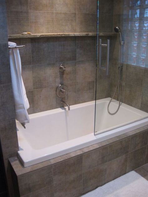 Built in bath with shower Jet Tub Shower Combo, Tub Shower Combo Remodel, Soaking Tub Shower Combo, Bathroom Tub Shower Combo, Makeover Kamar Mandi, Bathtub Shower Combo, Small Bathroom With Shower, Guest Bathroom Remodel, Bathroom Tub Shower