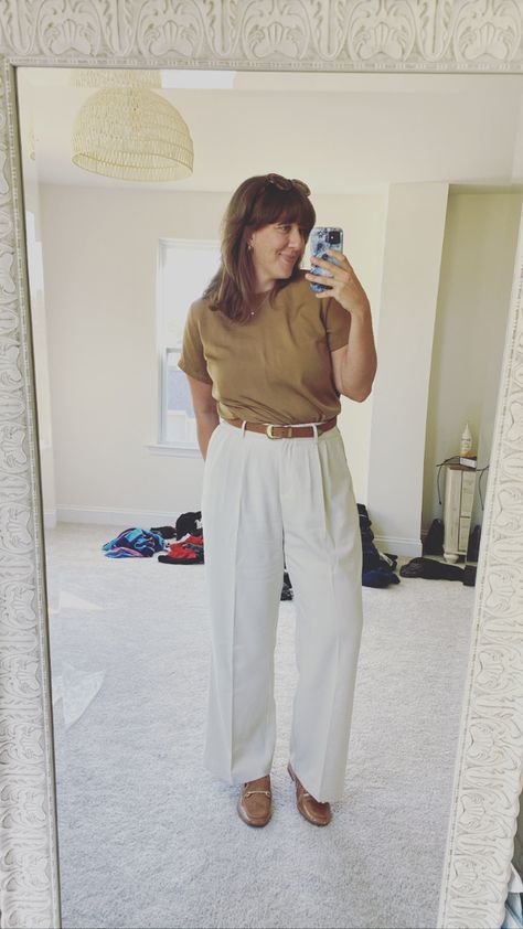 Full outfit linked. Mid sized work fashion. Corporate outfits. Off white, wide leg trousers, camel shirt, belt, and loafers, chunky gold jewelry. Pants With Loafers, Chunky Loafers Outfit, Classic Work Outfits, Camel Shirt, Loafers Chunky, White Wide Leg Trousers, Chunky Gold Jewelry, Chunky Loafer, Loafers Outfit