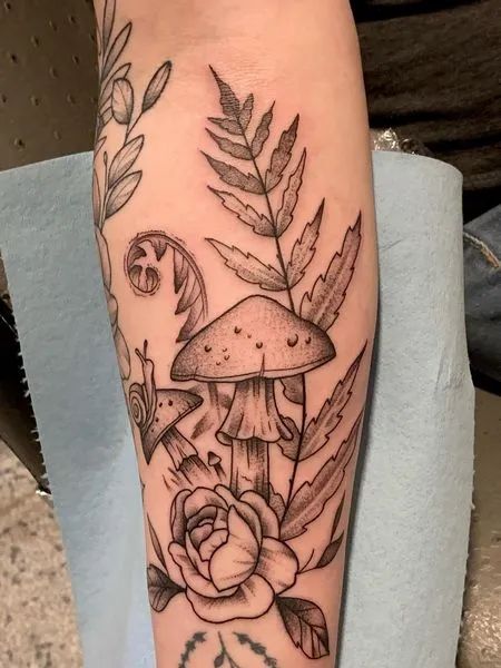 Forearm Witchy Tattoo, Forest Mushroom Tattoo, Mycology Tattoo, Mushroom Forearm Tattoo, Mushroom Forest Tattoo, Mushroom And Flowers Tattoo, Unique Forearm Tattoos, Places For Tattoos, Wrap Tattoo