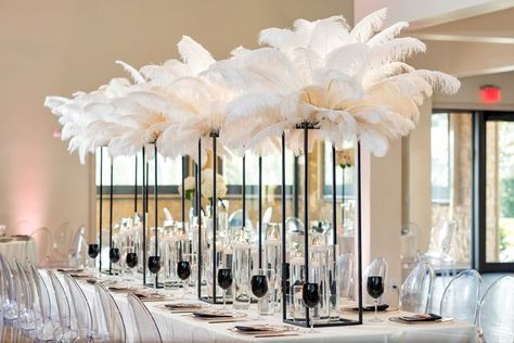 White Feather Party Decor, Ostrich Feather Wedding Decor, Black And White Feather Centerpieces, White Feathers Vase, White Ostrich Feathers, Black Wedding Decorations, Head Table Wedding, Feather Wedding, Head Table