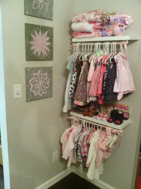 Shelf closet No Closet Nursery, Closet Nursery, Shelf Closet, Small Baby Room, Baby Closet Organization, Small Closet Space, Baby Nursery Organization, Baby Clothes Storage, Baby Room Organization