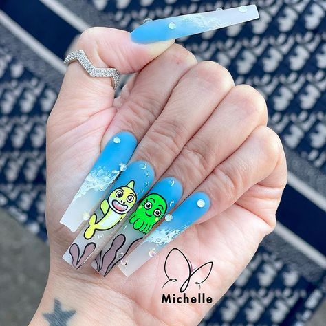 Baby Shark Nails, Shark Nails, Michelle Nails, Baby Shark Doo Doo, Baby Shark, Nails Design, Beautiful Nails, Nail Inspo, Turquoise Ring