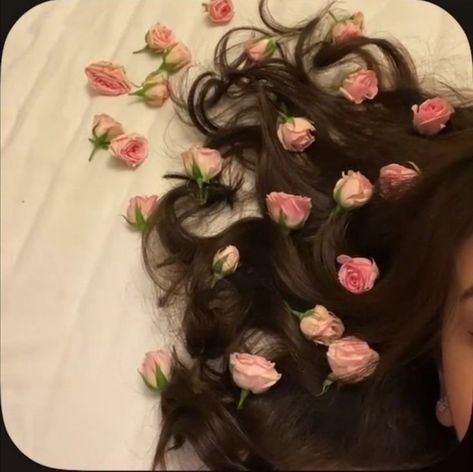 A Woman, Roses, Flowers, Hair, Pink